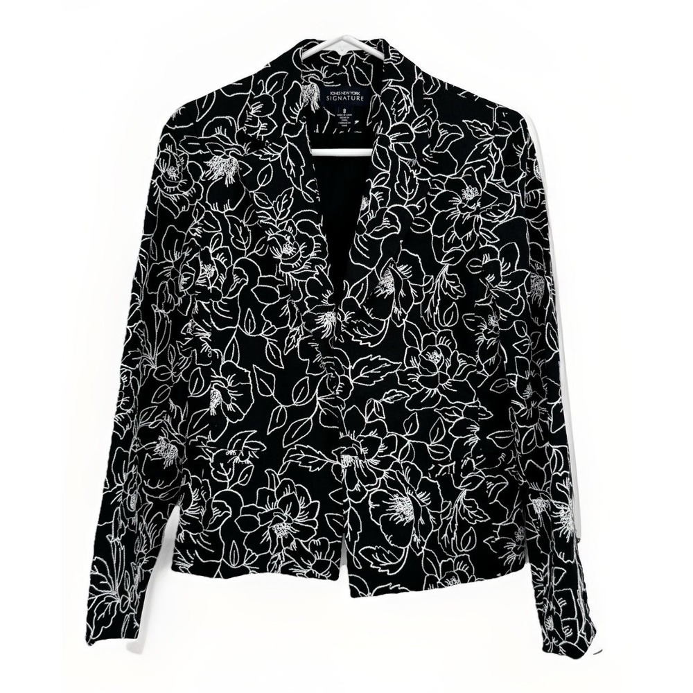 JONES NEW YORK Blazer Womens 8 100% Linen Black&White Floral Embroidered Sports